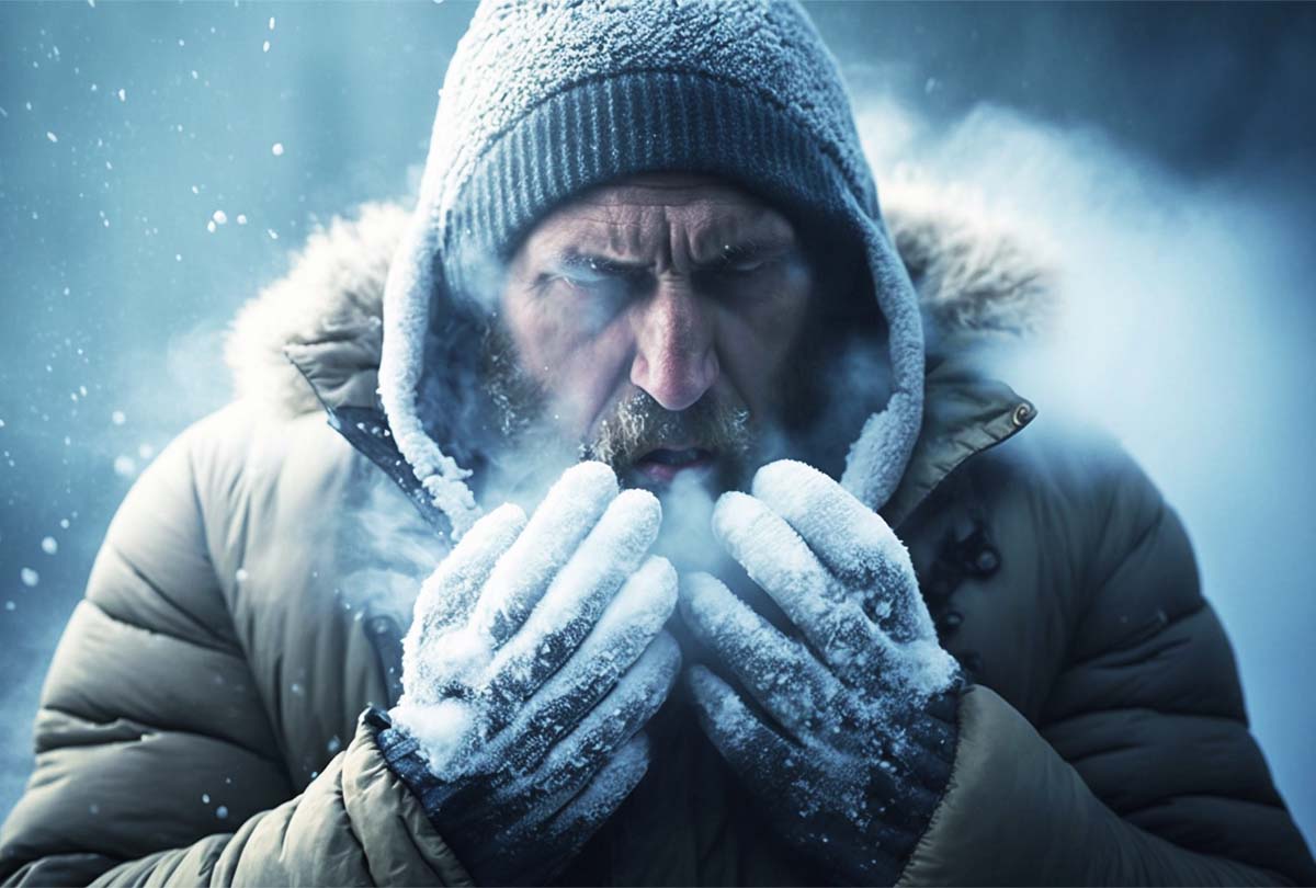 Cold hands while gaming, man blowing air into his freezing hands caused by gaming