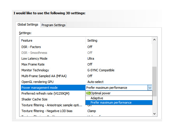 nvidia 3d settings power management mode