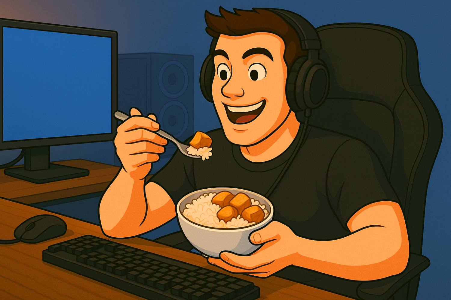 Energized and alert gamer sitting in front of computer eating chicken and rice beforehis late night gaming session