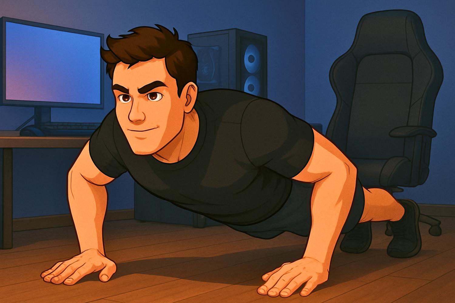 Gamer doing pushups to stay awake and energized during his late night gaming session