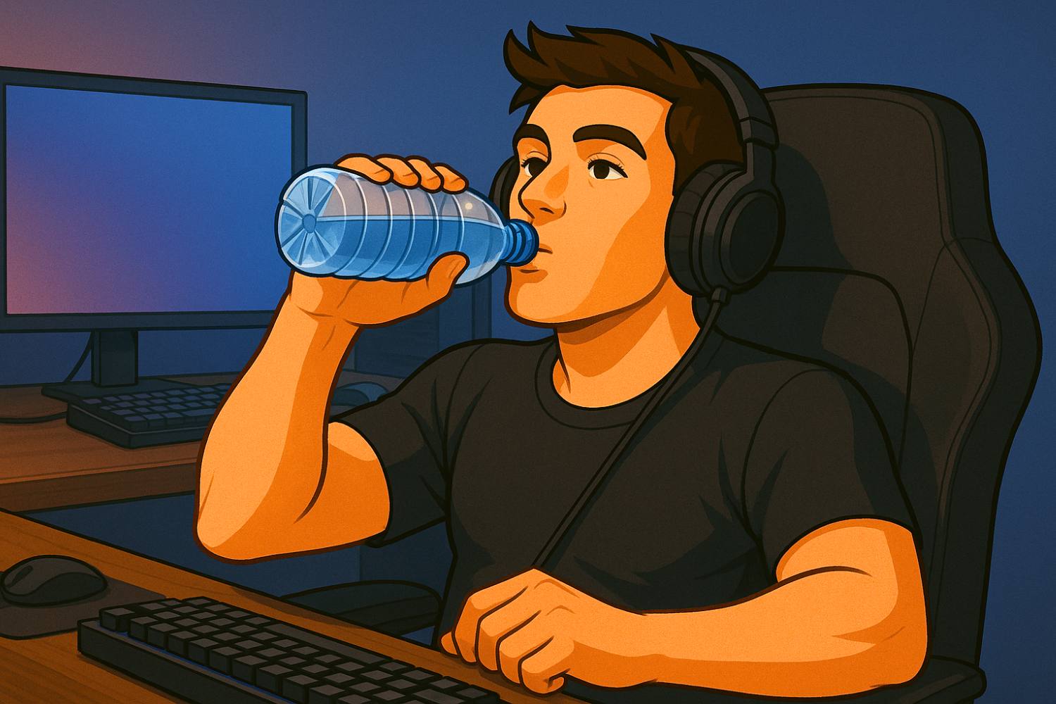 Gamer drinking water to stay awake and energized while gaming late at night